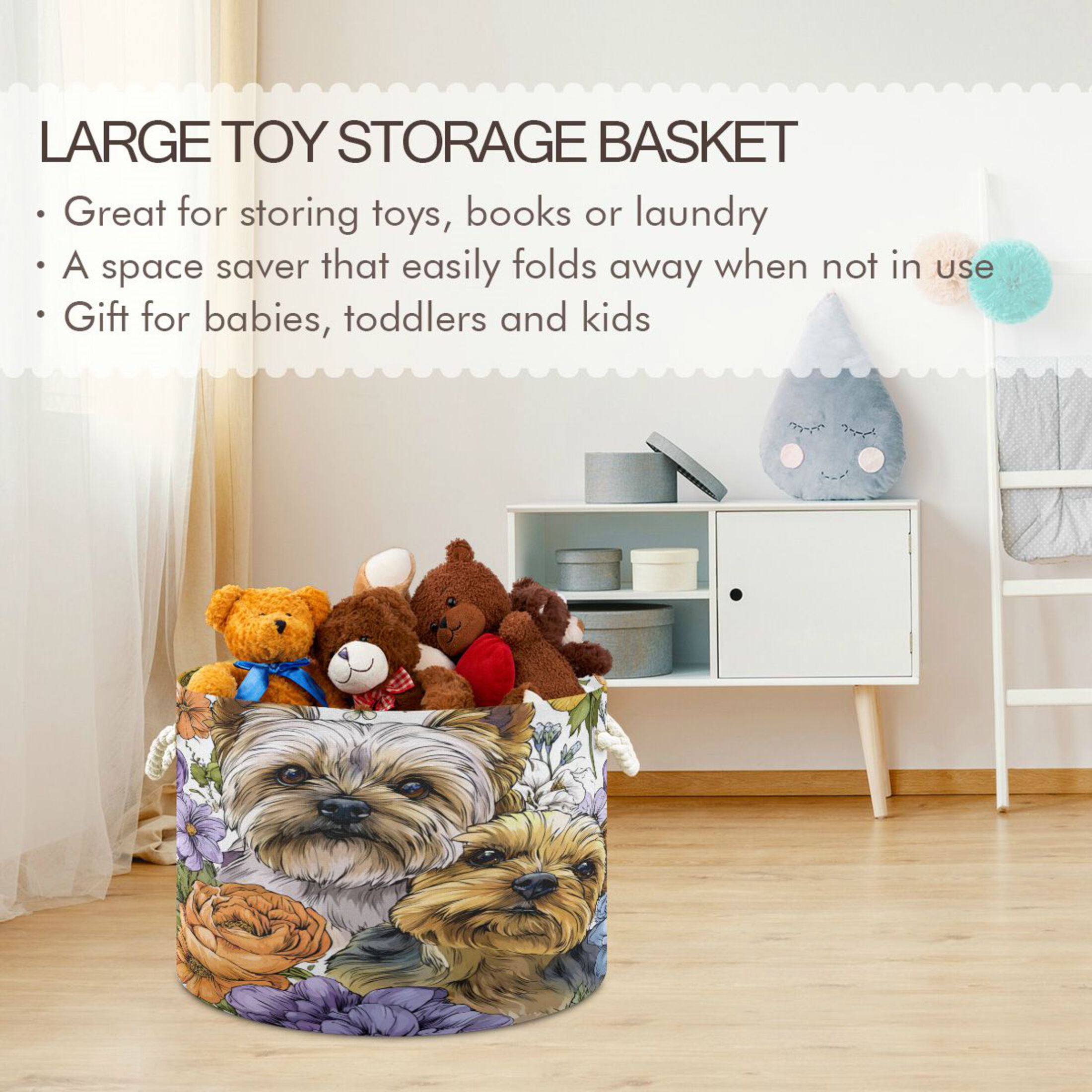 RMDQTR Round Toy Storage Basket Foldable Storage Basket for Home Decor Laundry Basket20" x 14" Lovely Yorkshire Terrier Dogs