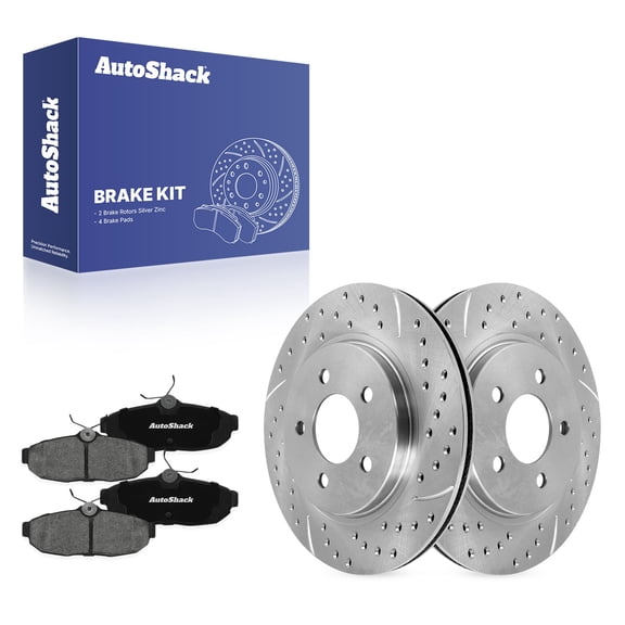 AutoShack Rear Vented Drilled & Slotted Silver Zinc Coated Brake Rotors   Ceramic Pads 6-PC Brake Kit Replacement for 2005-2011 Ford Mustang SilverShield Pro 11.81" (300 mm)