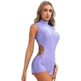 thumbnail image 4 of Traje de baño de una pieza para mujer, traje de baño elástico brillante, cuello falso, corte lateral, cremallera trasera, mono ajustado, Mono corto ajustado, 4 of 5