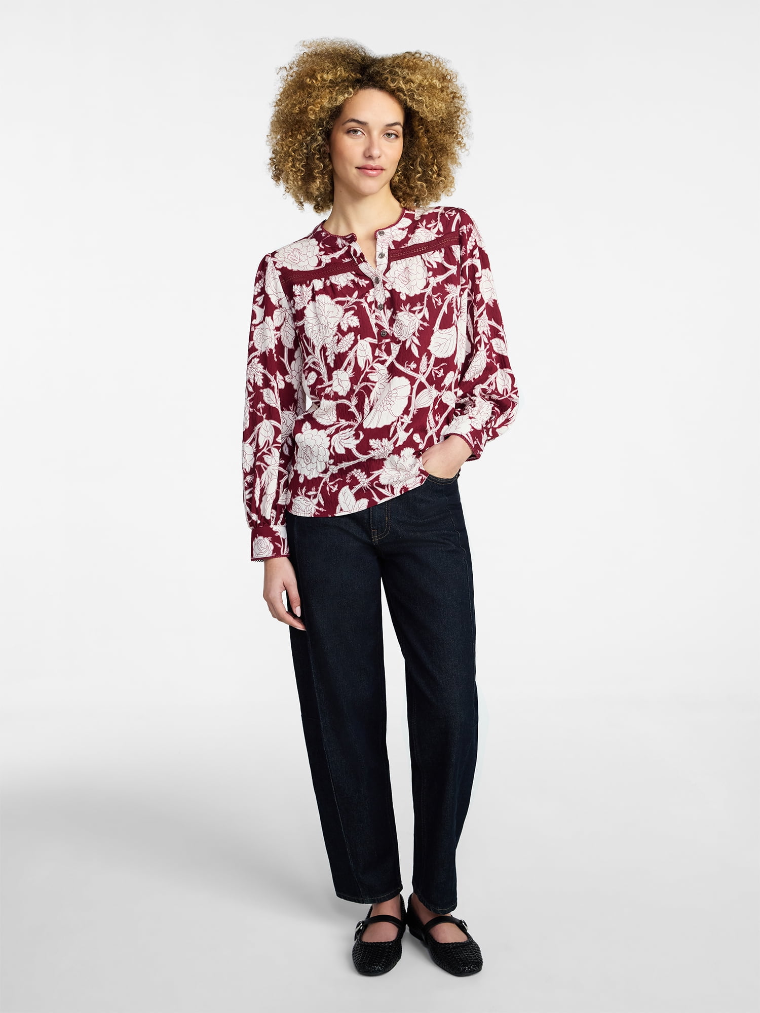 Time and Tru Women's Lace Yoke Shirt with Long Sleeves Sizes XS-XXXL