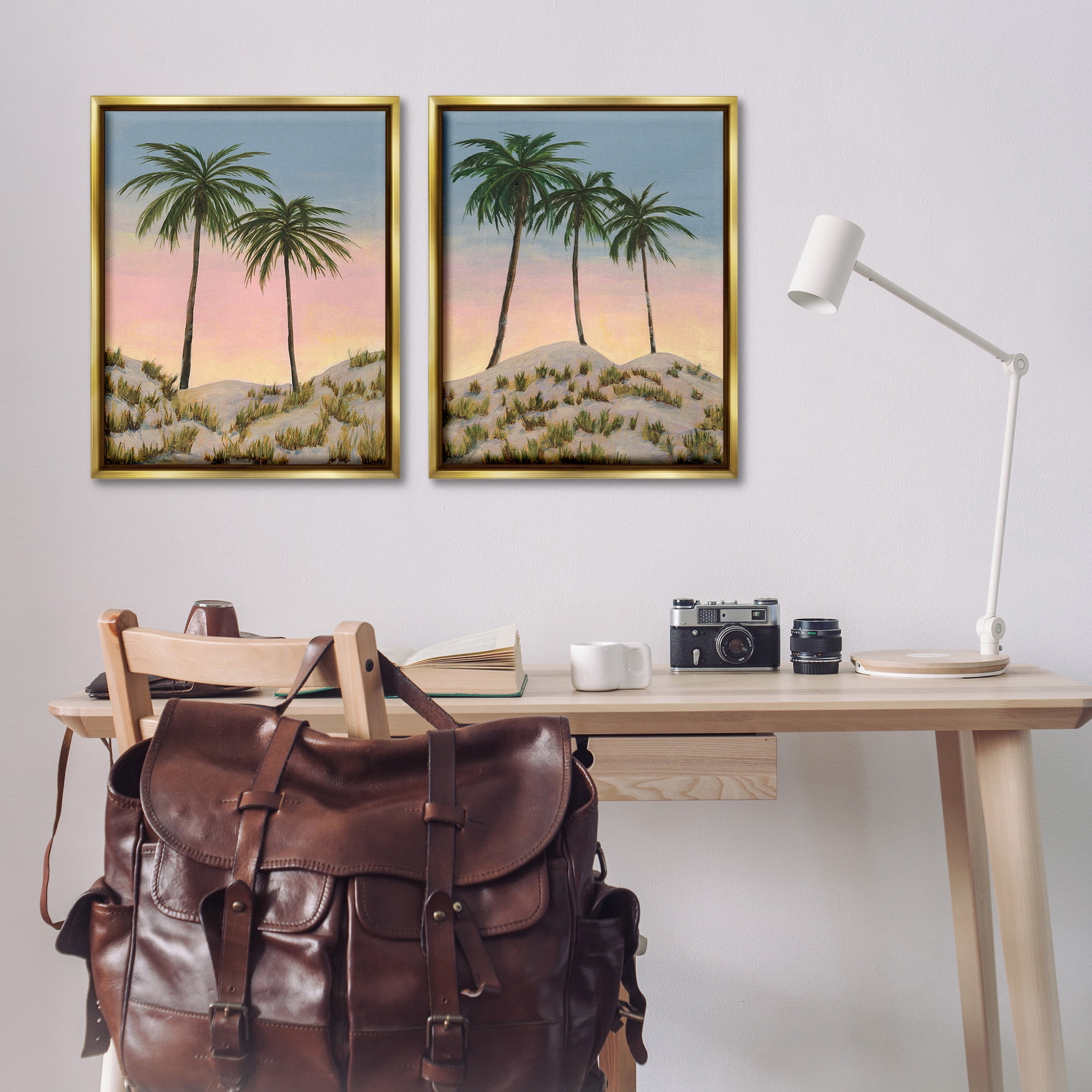 Stupell Industries Sunrise Tropical Scene Landscape Painting Gold Floater Framed Canvas Art Print Wall Art, 25 x 31, Set of 2