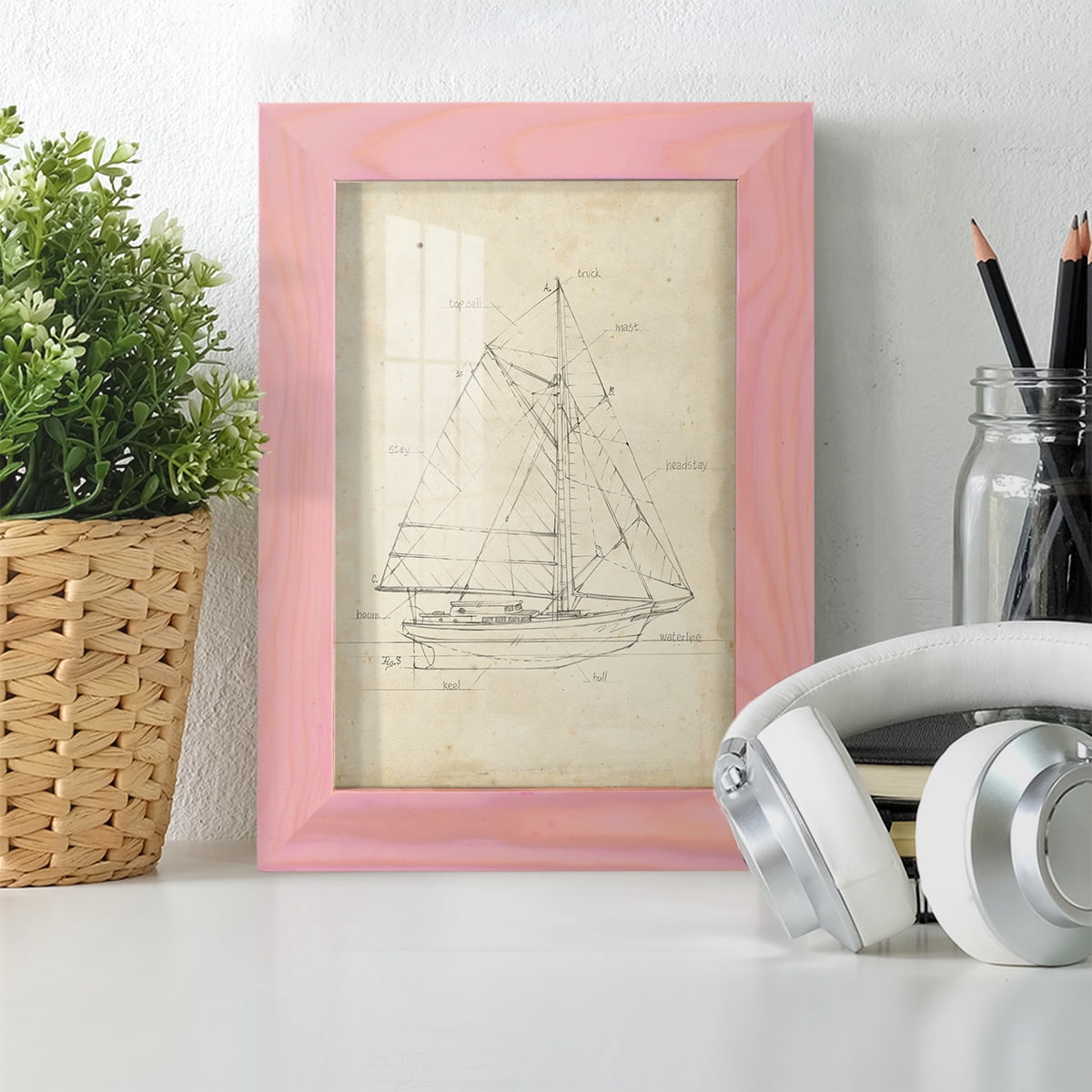 Sailboat Blueprint III -Framed Print w/glass-Sunset Pink