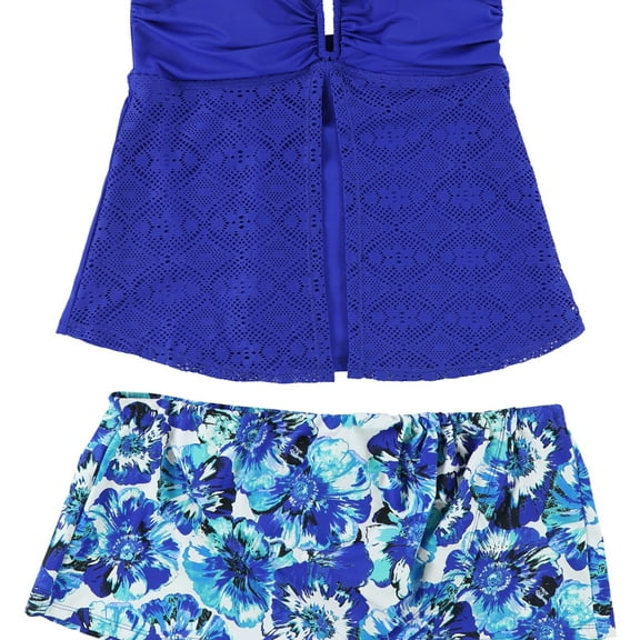 Jones New York Womens Crochet Wrap Skirt 2 Piece Tankini, Blue, 8