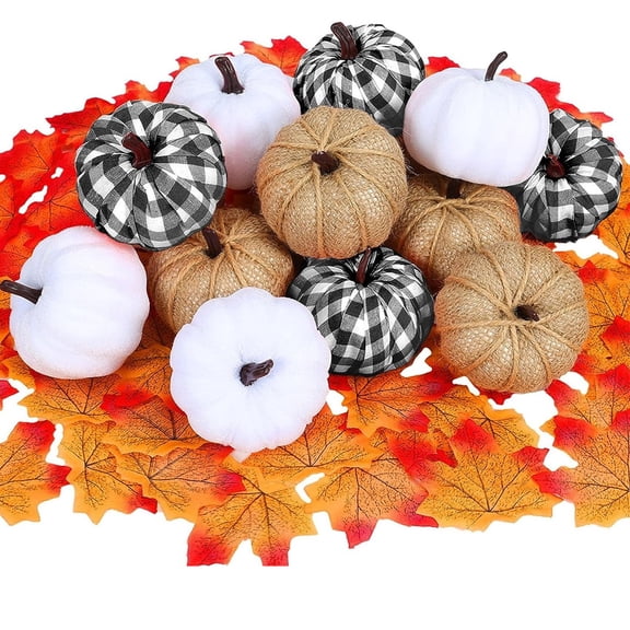 Halloween Decorations 12 Pcs 0-8 Inch Mixed Artificial Pumpkins Black White Plaid Fabric Fake Pumpkins for Fall Thanksgiving Halloween Indoor Outdoor Decor