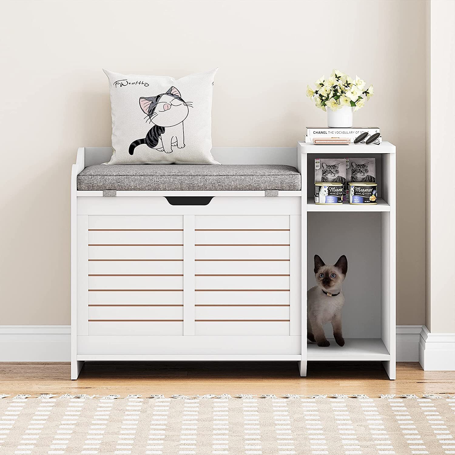 HOSSLLY Wooden Eco Cat Litter Box Enclosure Modern Cat Furniture,with Top Opening with Cushion