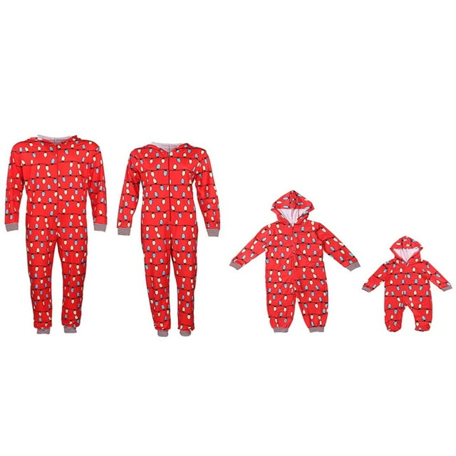 Christmas Family Matching Jumpsuit Pajamas Set Cute Fairy Light Patterns Long Sleeve Front Zipper