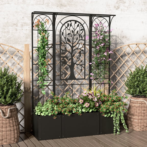 Oubayajia Metal Planter Box with Trellis Privacy Screen, Raised Garden Bed with Drainage Holes, 62 Inch Tall(Black)