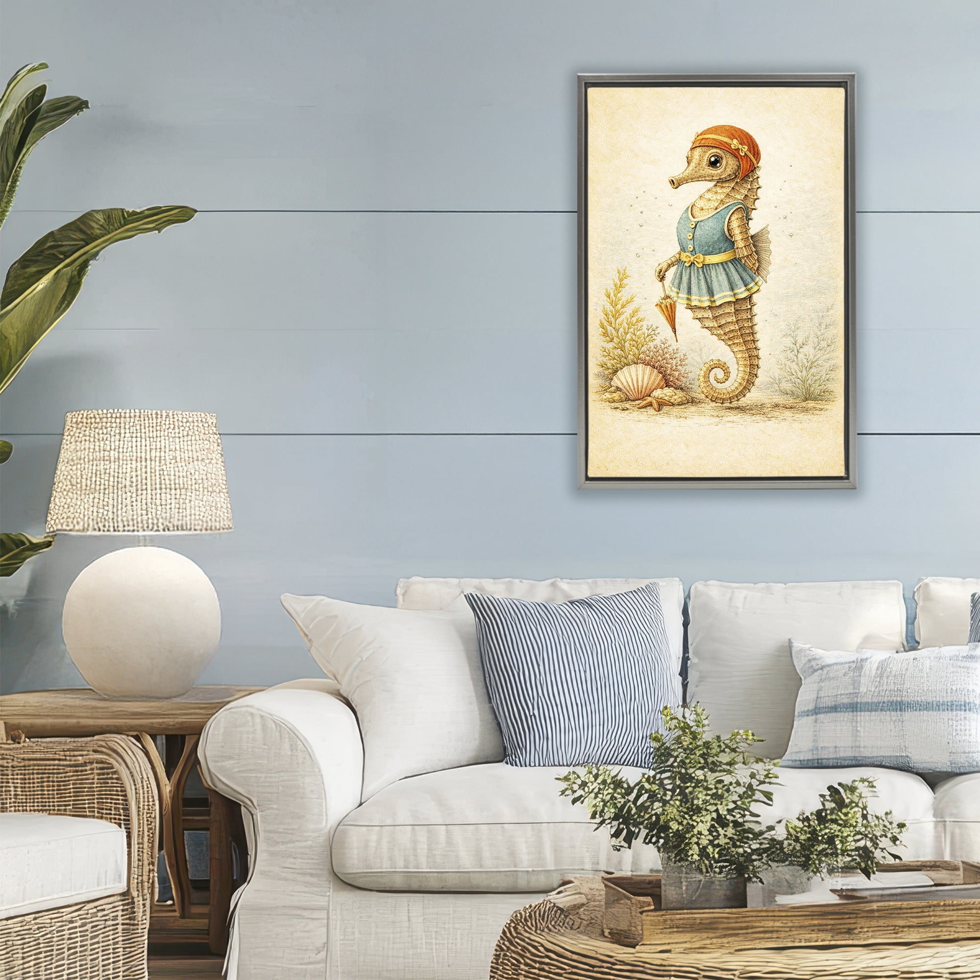 Stupell Industries Maritime Bathing Society Seahorse Gray Framed Floater Canvas Wall Art, design by Grotto Studios