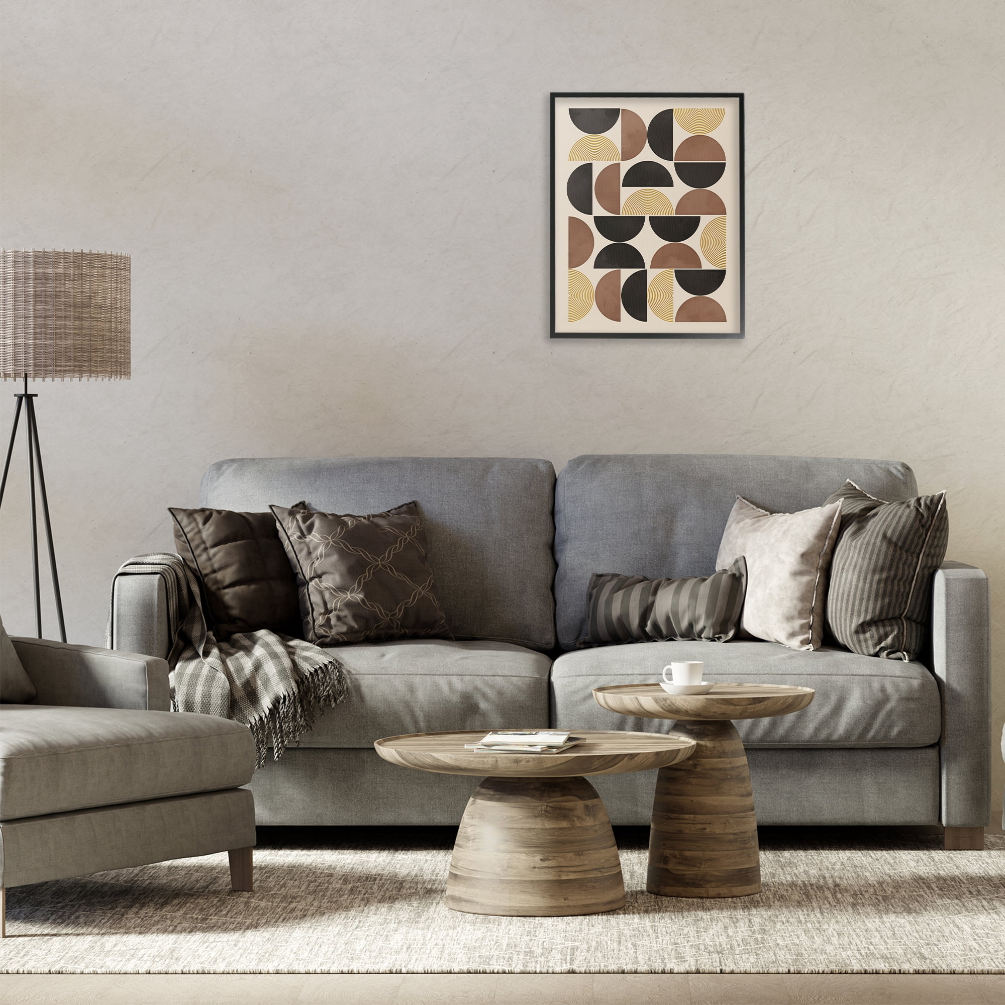 Stupell Industries Midcentury Neutral Geometric Abstract Painting Black Framed Art Print Wall Art, 16 x 20