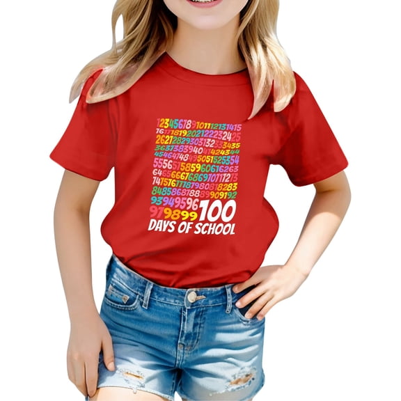 WMQPNNS 100 Days of School Shirt Unisex Kids Girls T Shirts Size 14-16 Short Sleeve Crewneck Casual Tops Cute Graphic Tees Toddler Kids Outfits(Size 10-11 Years,Red)