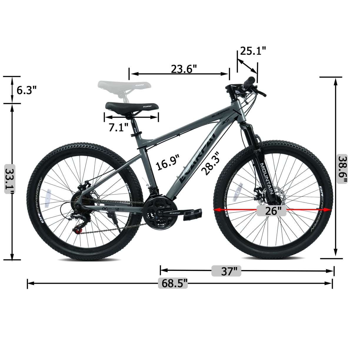 26 Inch All-Terrain Mountain Bike with Disc Brakes, 21-Speed Drivetrain, Steel Frame Front Suspension MTB for Men & Women, Trail Riding & Outdoor Cycling