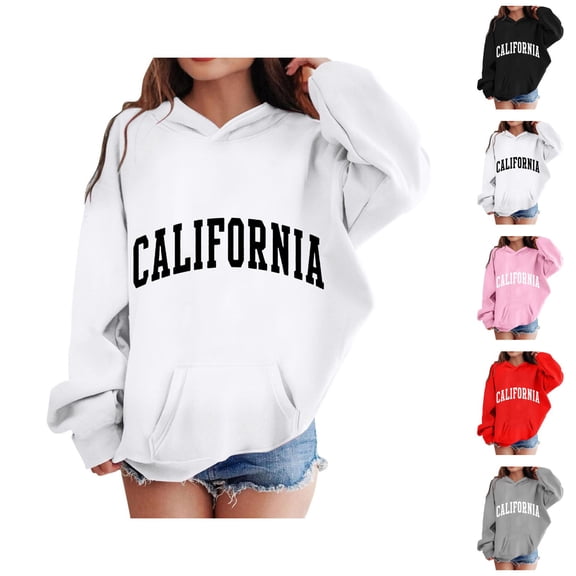 Girls Casual Hoodies California Long Sleeve Letter Graphic Hooded Sweatshirt with Pockets Kids Pullover Tops