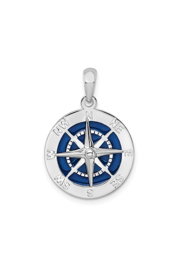 Sterling Silver Nautical Compass Pendant Necklace with Blue Enamel, Directional Markings and Rose Design, Symbolic Jewelry for Men and Women Seeking Adventure and Guidance
