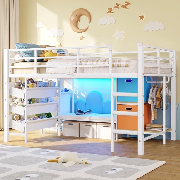 Modern Twin Size Low Loft Bed with Bookshelf, Storage Bins, Reading Bench, and RGB LED Lights White