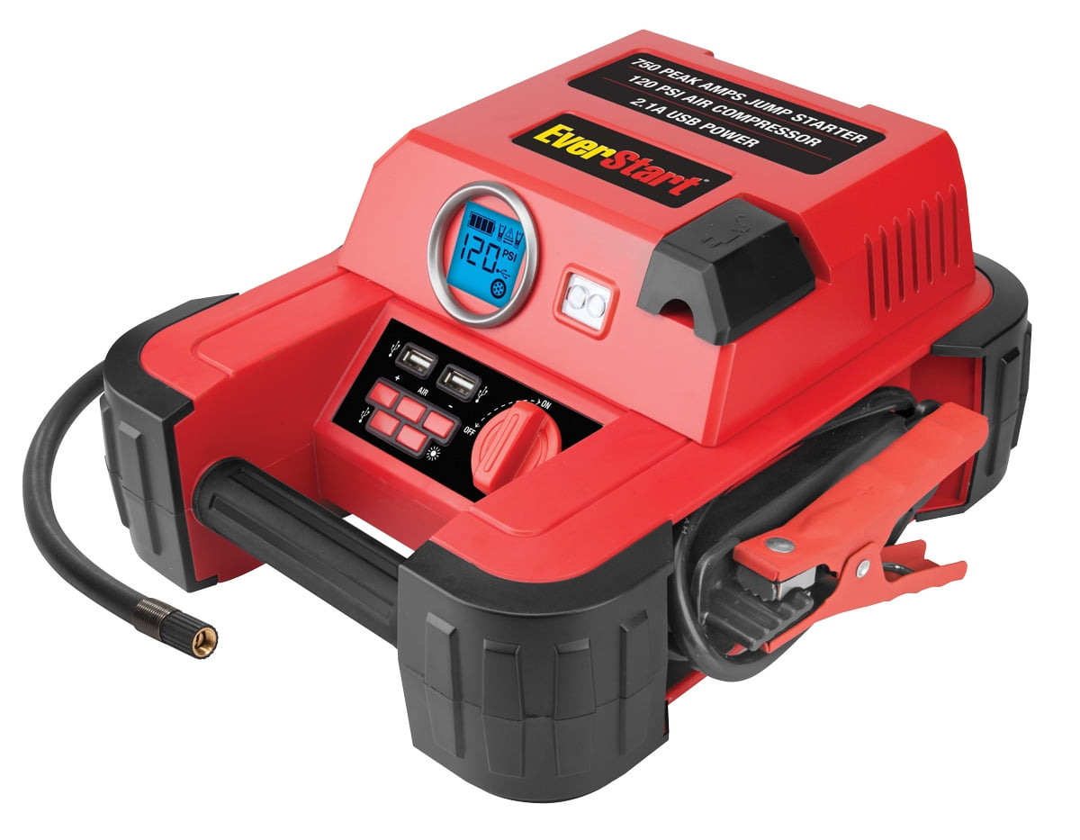 EverStart 750A Jump Starter with 120 PSI Digital Compressor, Heavy Duty Clamps and Reverse Polarity Alarm