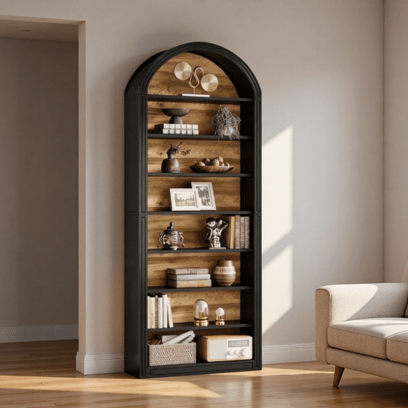 MIDOQIN 78.80" Tall Arched Bookshelf, Modern Freestanding Wooden Book Shelf with Open Display Shelves Arch Bookcase for Living Room, Office