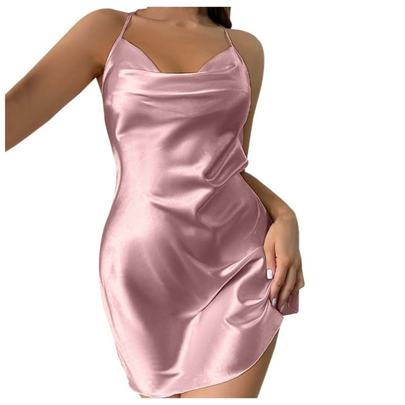 Lixiuxyad Sleepwear Dress Women Women’s Solid Color Sexy Backless Nightgown Short V Neck Strap Satin Dress Sleepwear