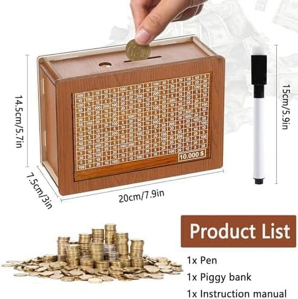 Cash Vault Wooden Savings Box with Locking Latch,Durable Wooden Money Saver with $1000/$10000/$3000/$5000 Money Targets,Numbers & DIY Marker for Personal Finance Goals