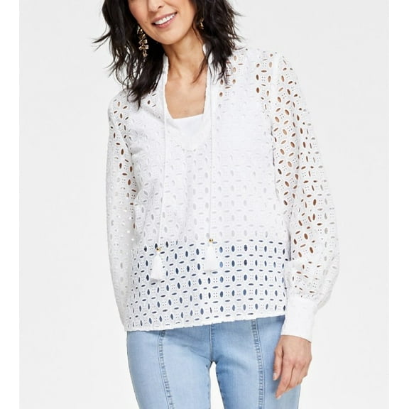 INC International Concepts Women's Cotton Tie-Neck Eyelet Blouse Bright White