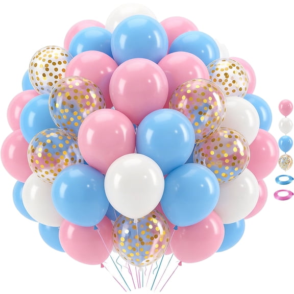 Pink Blue White Balloons,50 Pcs 12 inch Pink Blue and White Pastel Gold Confetti Latex Balloons with 2rolls Ribbon For Birthday Baby Shower Gender Reveal Party Supplies Decorations