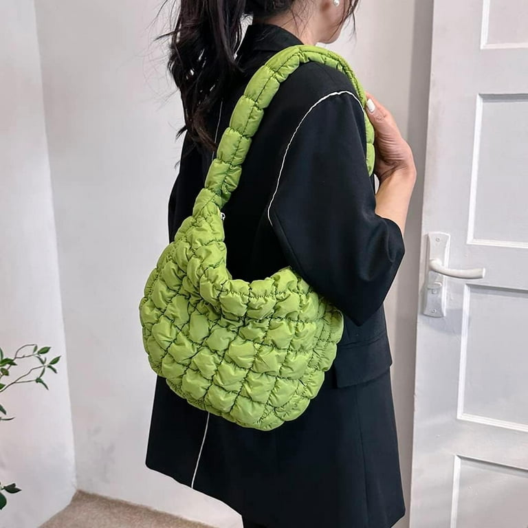 Casual Large Capacity Tote Shoulder Bags Designer Ruched Handbag Luxury  Nylon Quilted Padded Crossbody Bag Female Big Purse (Green)