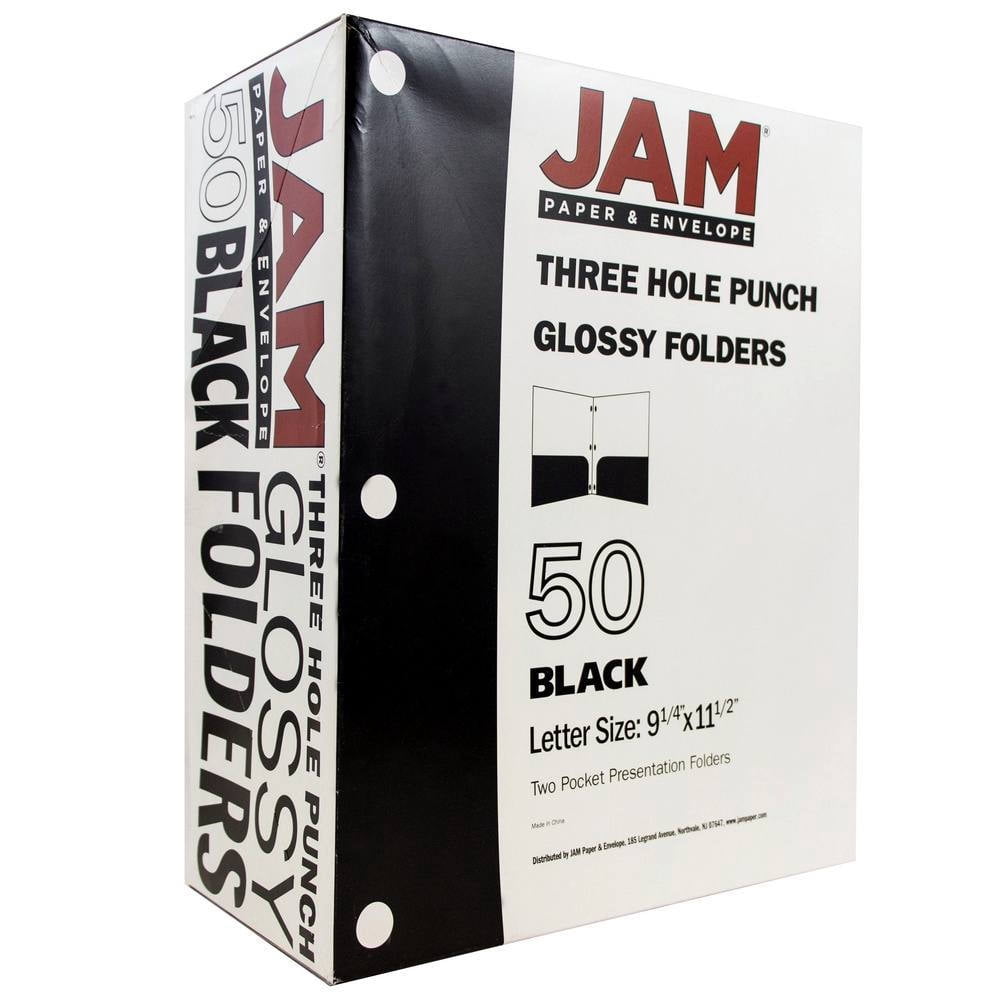JAM Paper Glossy 3 Hole Punch Folders, Black, 50/Pack