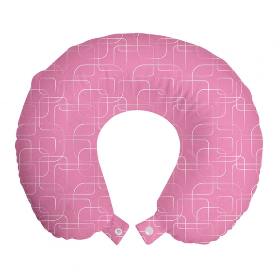 Abstract Travel Pillow Neck Rest, Geometric Lines Squaring Stripes Diagonal Contemporary Pastel Minimalism Design, Memory Foam Traveling Accessory Airplane and Car, 12", Pink White, by Ambesonne