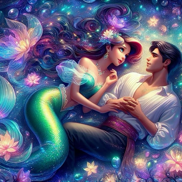 (V7083) Serie Personajes Princesa Sirena Y Príncipe Diamante Resina 40x40CM