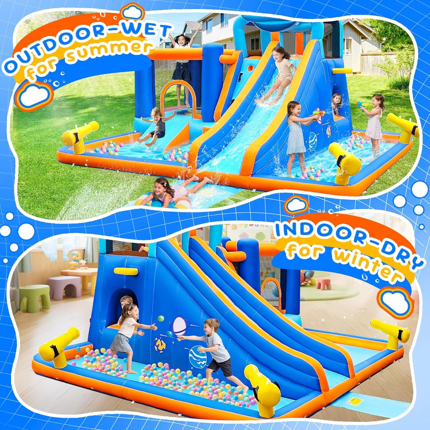 Cuoote Inflatable Water Slide for Kids, 2 Min Blow Up 10 in 1 Giant Water Park for Backyard Outdoor with Large Slide, Pool, Tunnel, Bounce House, Basketball Hoop, Climbing Wall, Air Blower