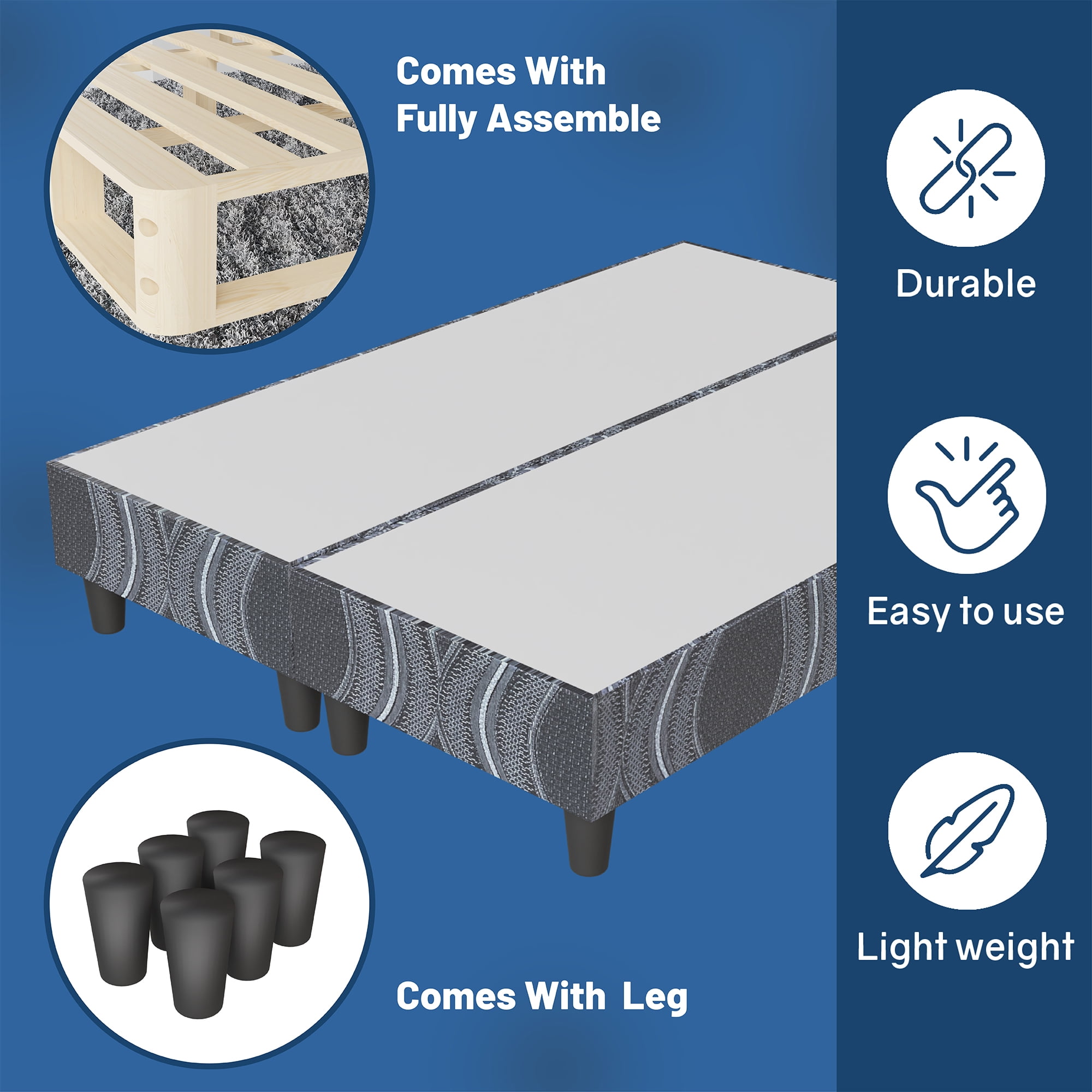 Continental Sleep, 8" Wood Box Spring/Foundation with Legs for Mattress Support, Heavy-Duty Structure, Fully Assembled, No Need for Bed Frame, Queen, Black
