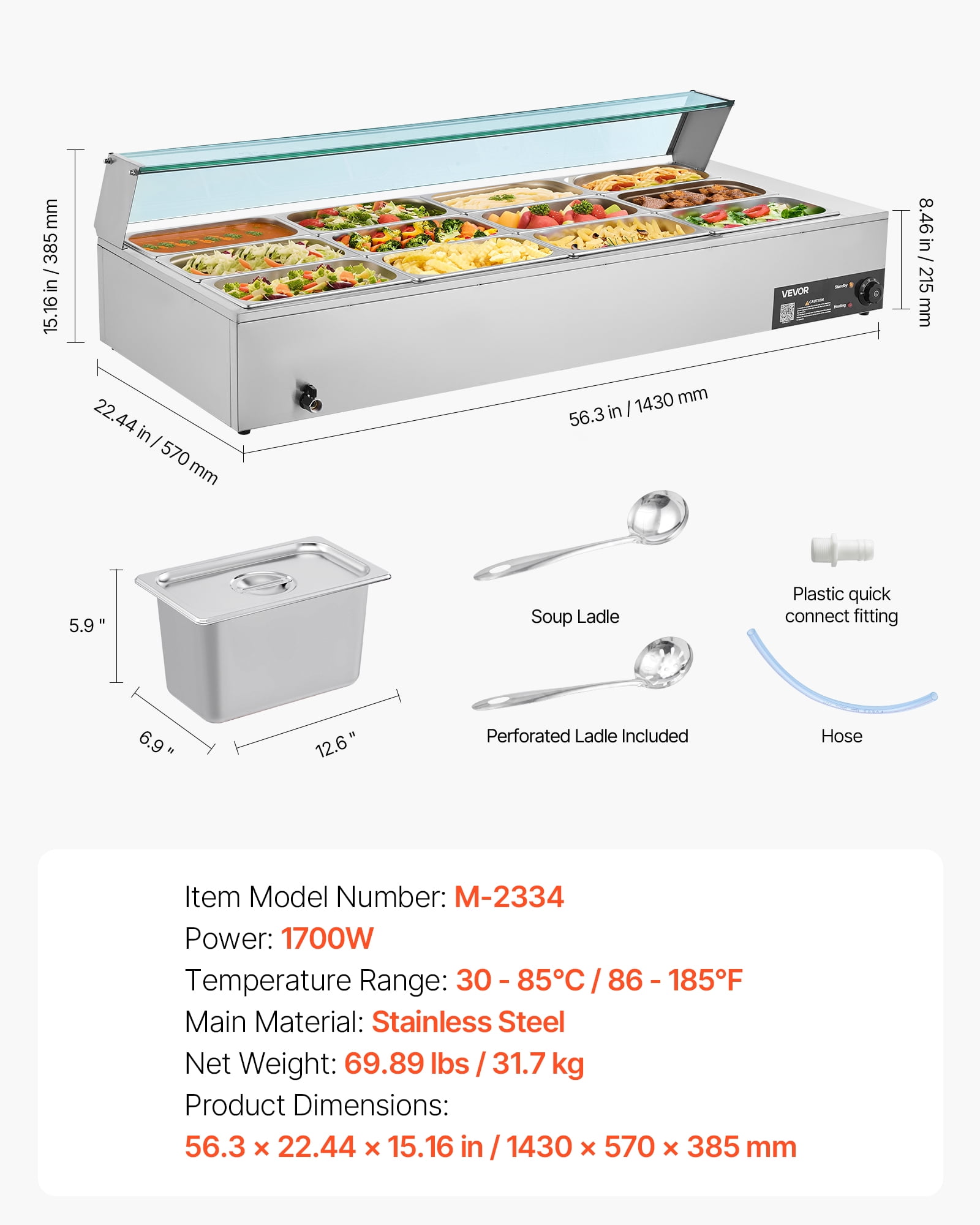 VEVOR Commercial Food Warmer, 1700W Electric Stainless Steel Steam Food Warmer with Glass Cover, 12-Pan Countertop Buffet Bain Marie with Soup & Perforated Ladles, for Catering, Restaurant & Party