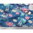 thumbnail image 2 of Soimoi Blue polyester Crepe Fabric Yacht & Lotus Flower Print Sewing Fabric BTY 42 Inch Wide, 2 of 3