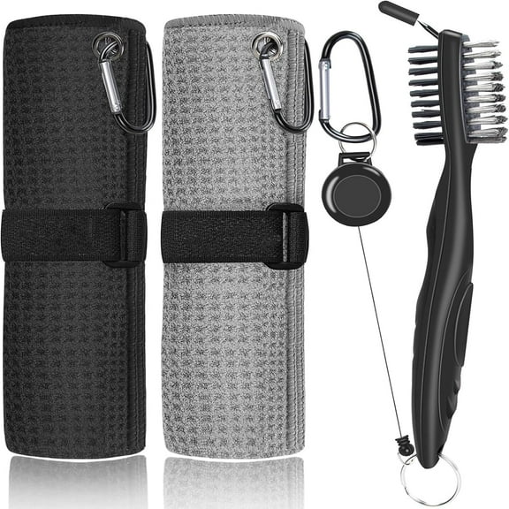2 Pack Golf Towel (16" X 16") with Golf Club Brush, Genreen Microfiber Waffle Pattern Golf Towels for Golf Bags for Men,Essential Golf Combo Cleaning Kit (Black Gray)