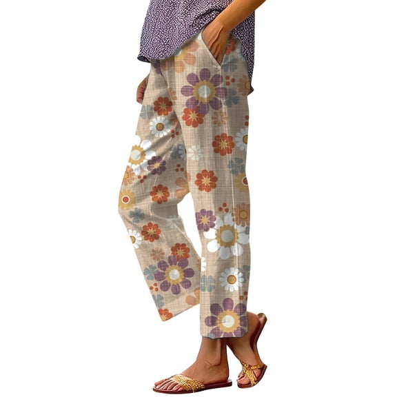 Casual Pants for Women Elastic Drawstring Waist Loose Straight Leg Summer Casual Linen Beach Pants with Pockets