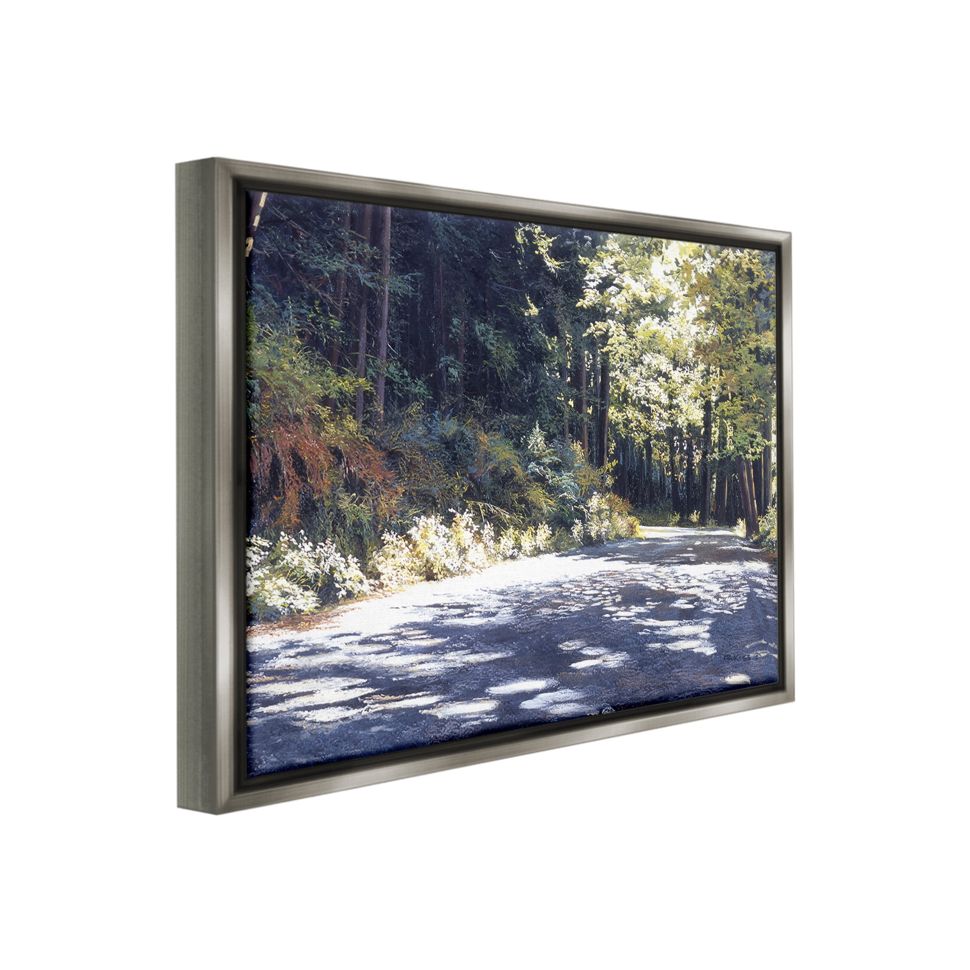 Stupell Industries Sunlit Woodland Road Landscape Painting Gray Floater Framed Canvas Art Print Wall Art, 31 x 25