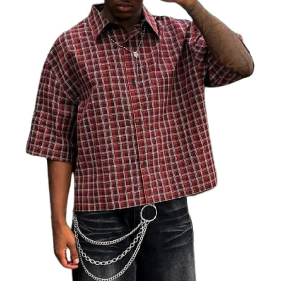 Plaid Button Down Shirts Women Men Vintage Collared Vintage Clothes Y2k 90s Short Sleeve Crop Shirt (Plaid Dark red,M)