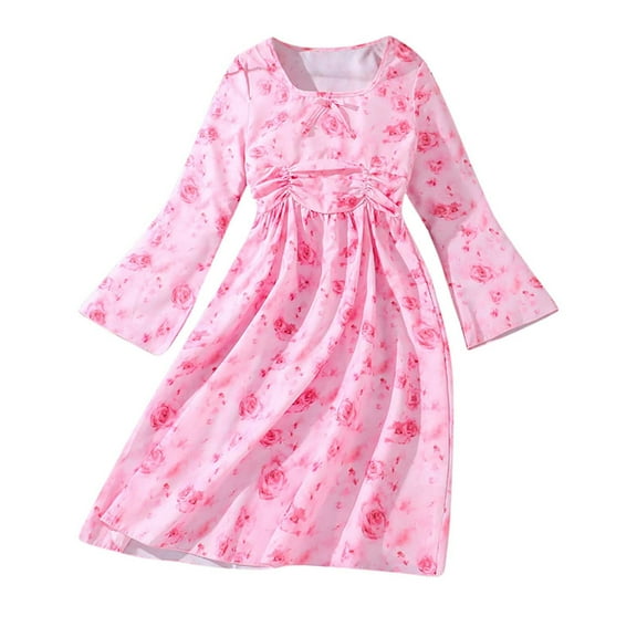 Big Girls Dresses Kid Autumn Rose Floral Printing Long Sleeve Bow Tie Princess Dress Fall Clothes Size 10-11T
