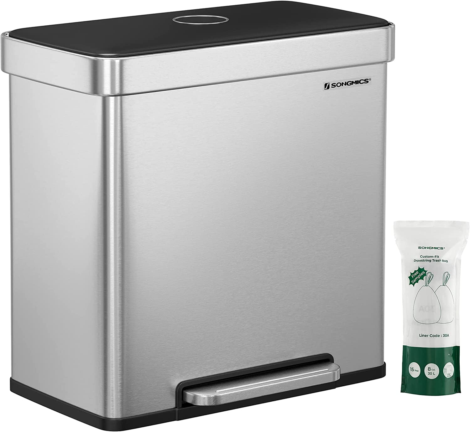 SONGMICS Kitchen Trash Can, 16 Gallons (2 x 8 Gallons) Dual Compartment