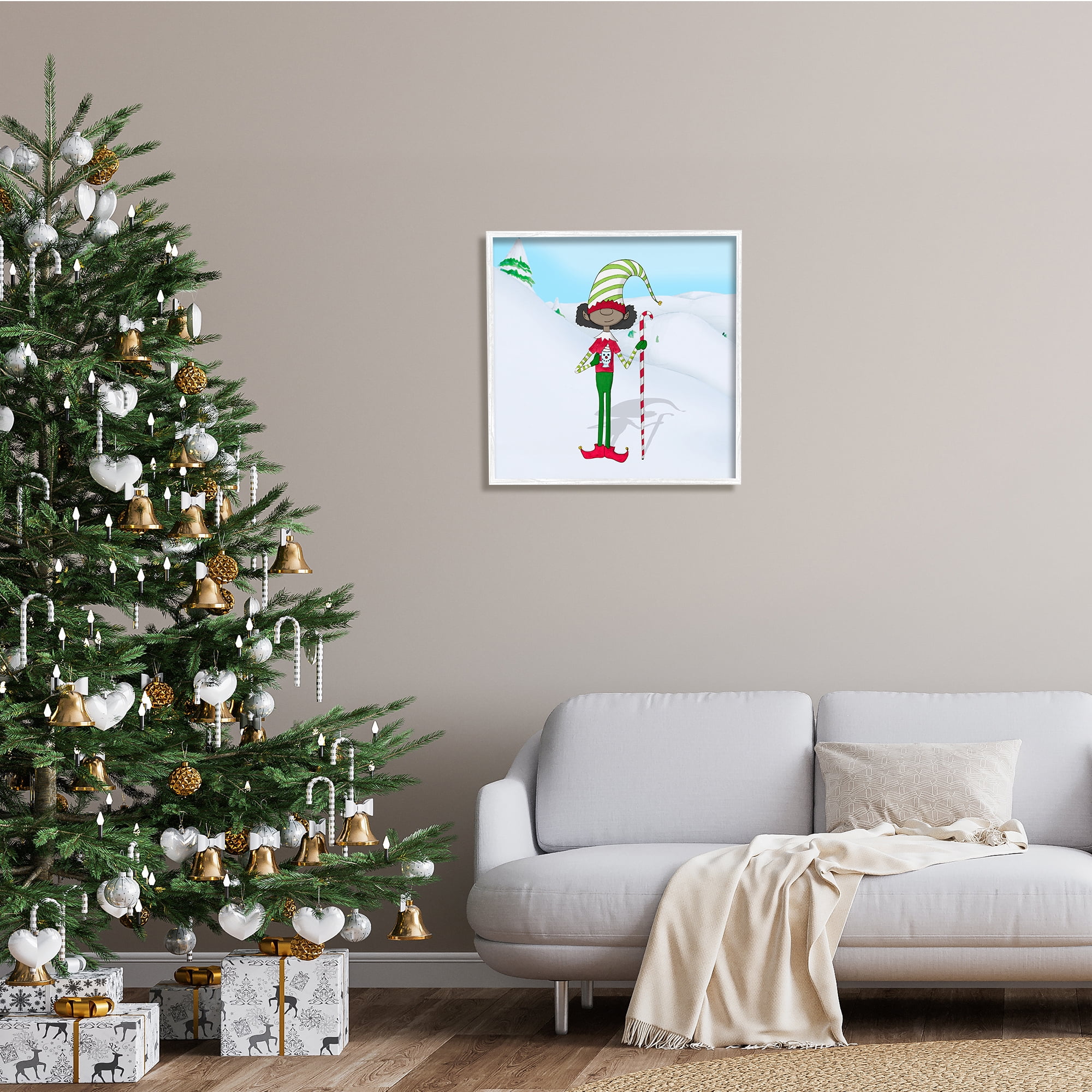 Stupell Indtries Holiday Elf with Hot Cocoa Snowy Winter Scene,24 x 24,Design by Hugo Edwins