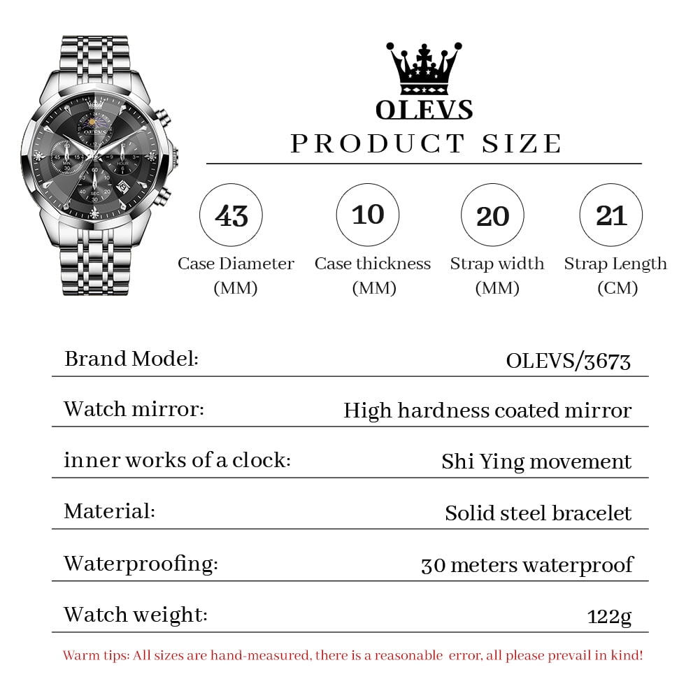 OLEVS Watches For Men Business Dress Luxury Casual Chronograph Multifunction Analog Quartz Stainless Steel Waterproof Luminous Moon Phase Date Men Wrist Watches Reloj Para Hombre Black Dial