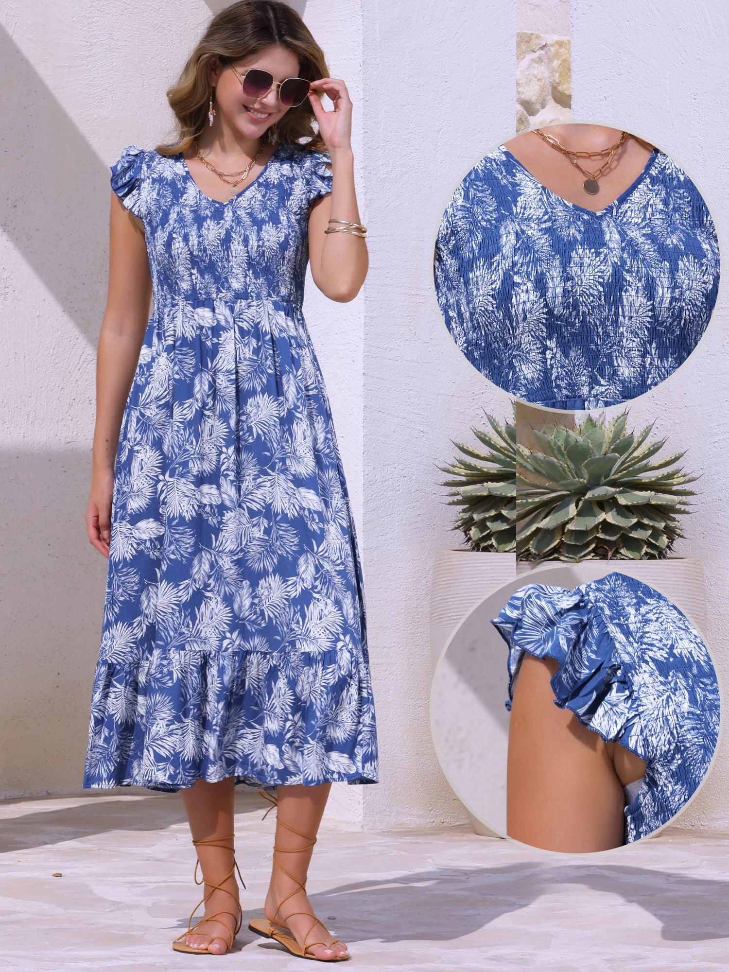 DARING DIVA Ruffle Sleeve V Neck Short Sleeve Printed Casual Midi Dress M Blue