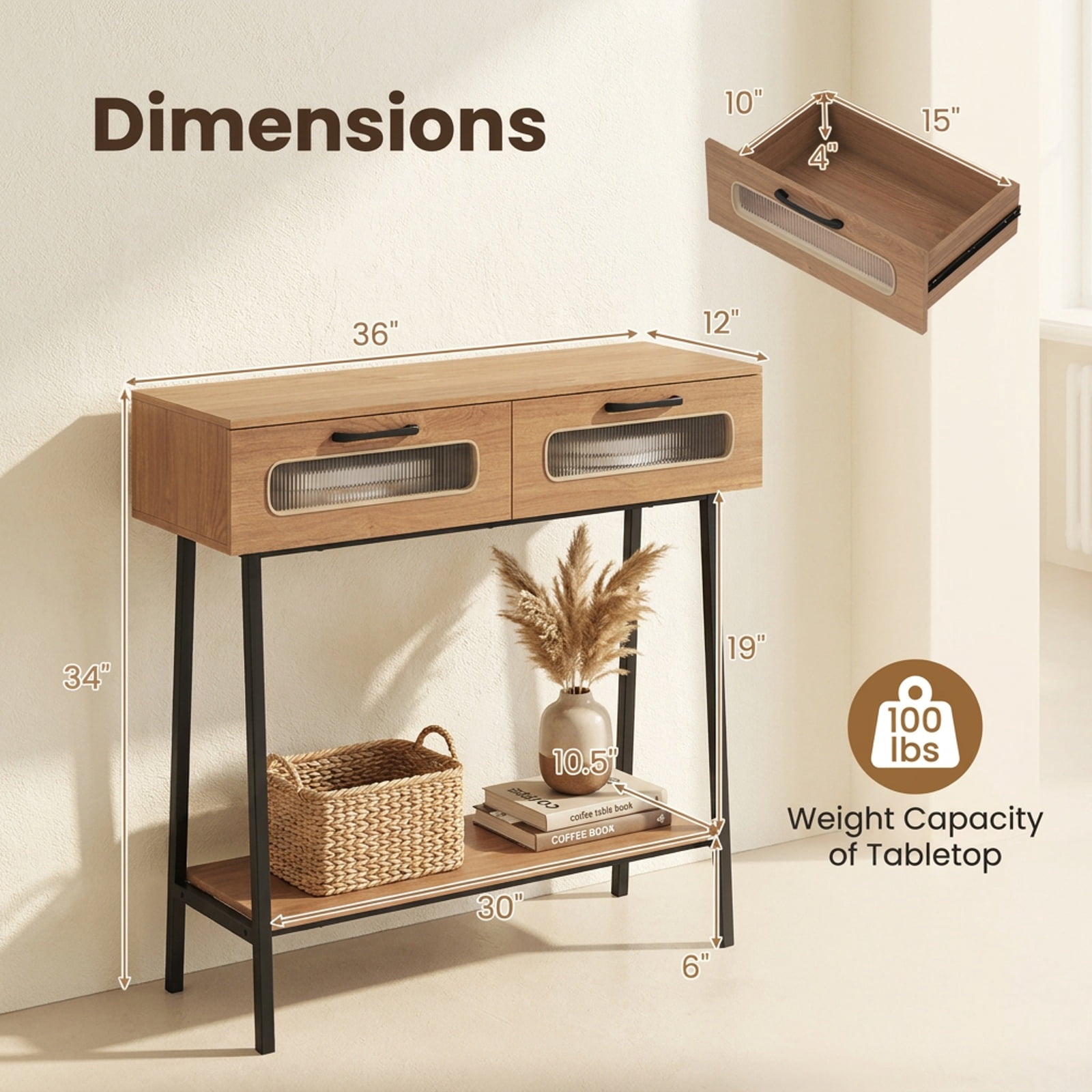 Furnibear Console Table with LED Lights and Open Shelf Entryway Table with 2 Drawers for Living Room Hallway Entrance Sofa, Natural