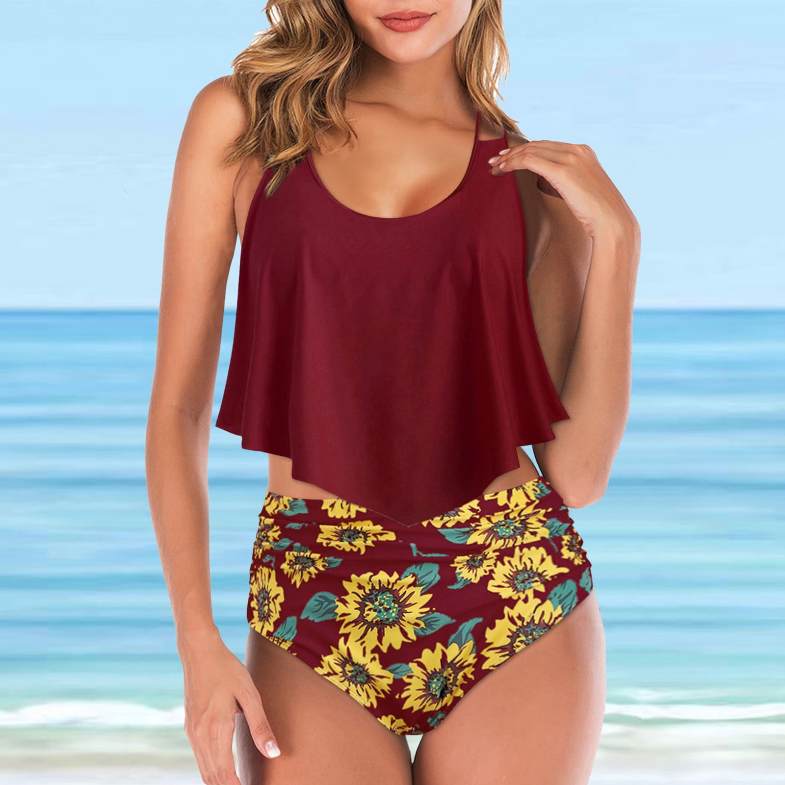 noarlalf high waisted bikini women vintage swimsuit two piece retro halter ruched high waist