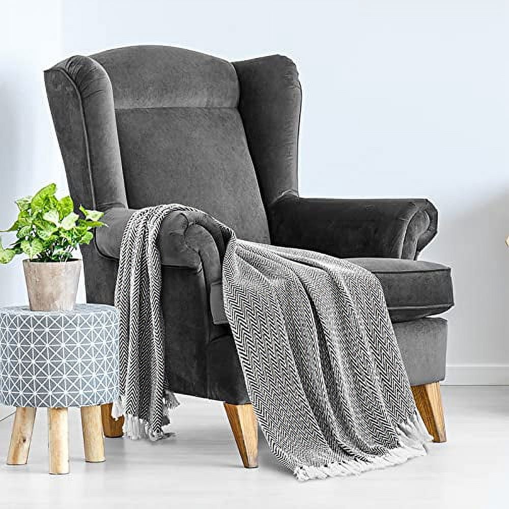 Americanflat 50x60 Throw Blanket, 100% Cotton with Fringe, Black and White Herringbone, all seasons blanket