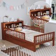 thumbnail image 4 of Twin Size Platform Bed with Storage Headboard & Two Under-Bed Drawers, Wooden Kids Bed Frame with Three-Side Guardrails for Safety and Security, Walnut, 4 of 9