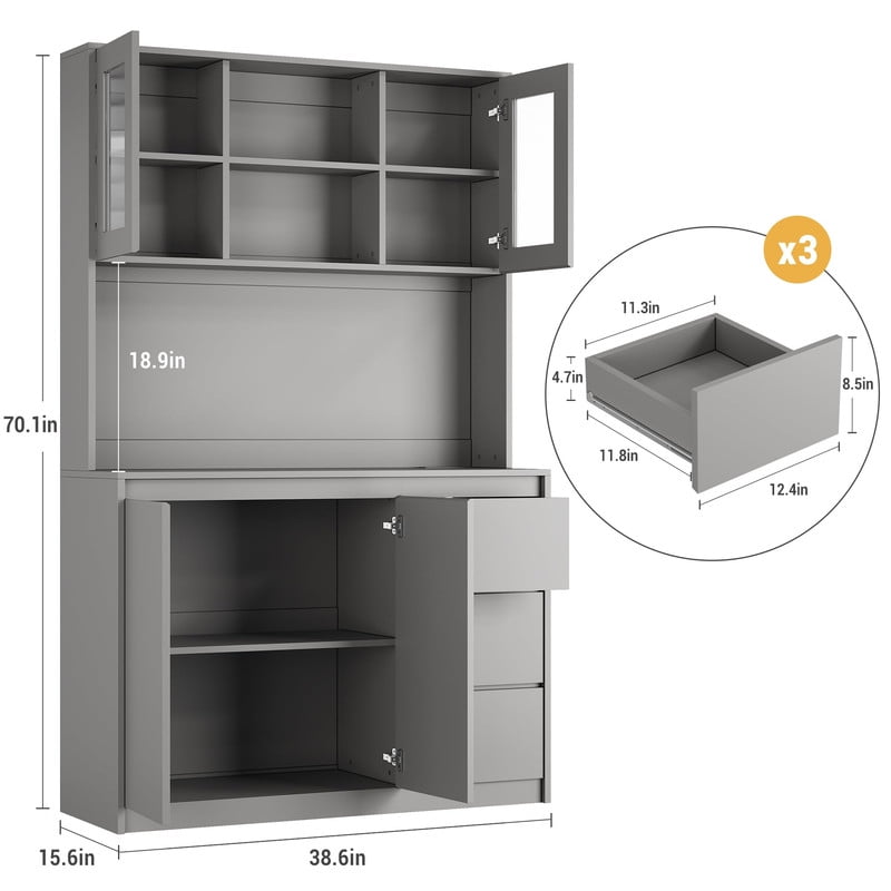 TROPOW Pantry Cabinet with Adjustable Shelf, Food Pantry with 4 Doors & 3 Drawers, Kitchen Pantry Cabinet with Built-in Power Hub for Dining Room
