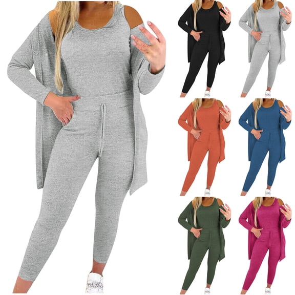 QSXADF Womens Casual 3 Piece Pajama Set 3 Piece Outfits Solid Loungewear Tank Top Long Sleeve Jacket Long Pants Women's Clothing Set Ladies Lounges Set