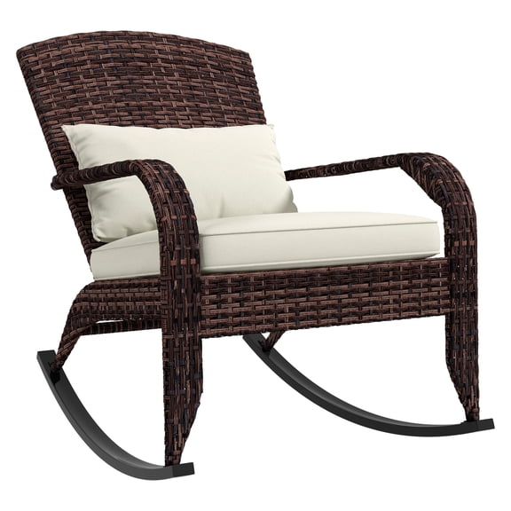 Outdoor Wicker Adirondack Rocking Chair, Patio Rattan Rocker Chair with High Back, Seat Cushion, and Pillow for Garden, Porch, Balcony, Cream White