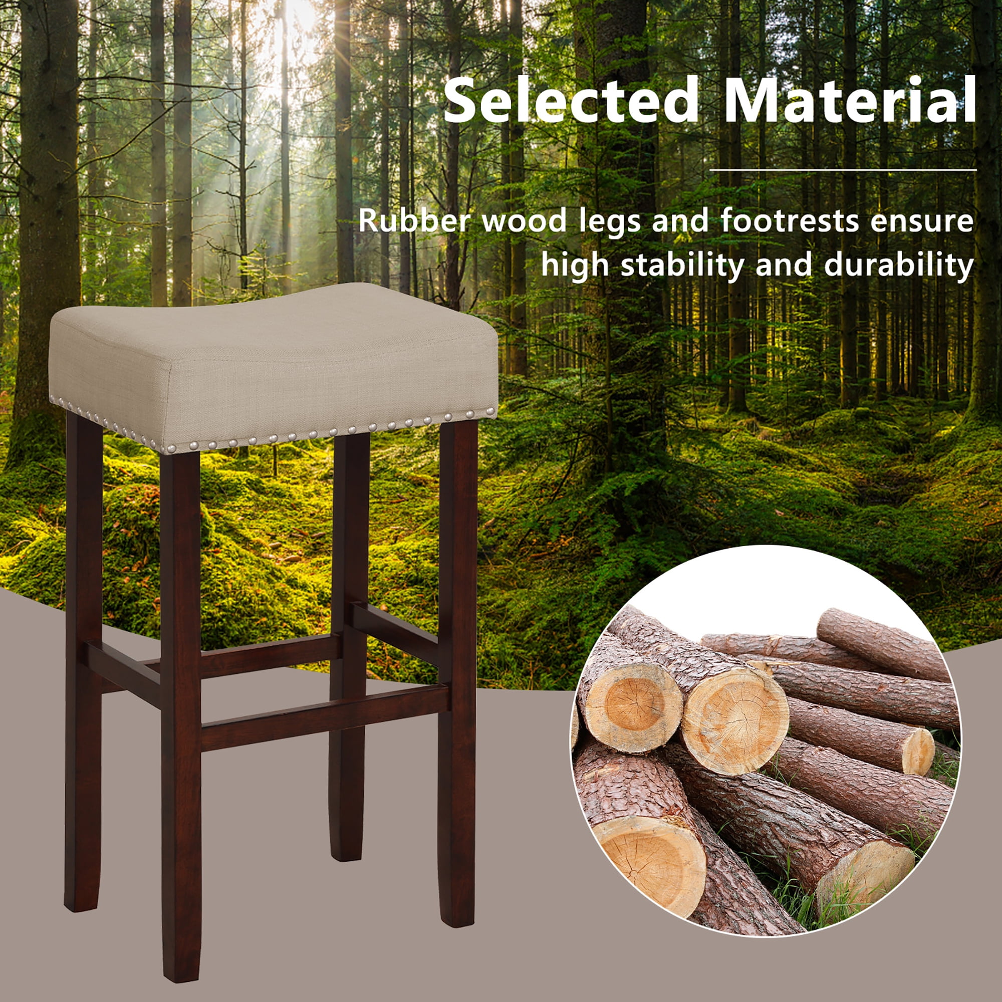 Costway Set of 2 Bar Stools Bar Height Saddle Kitchen Chairs with Wooden Legs Beige
