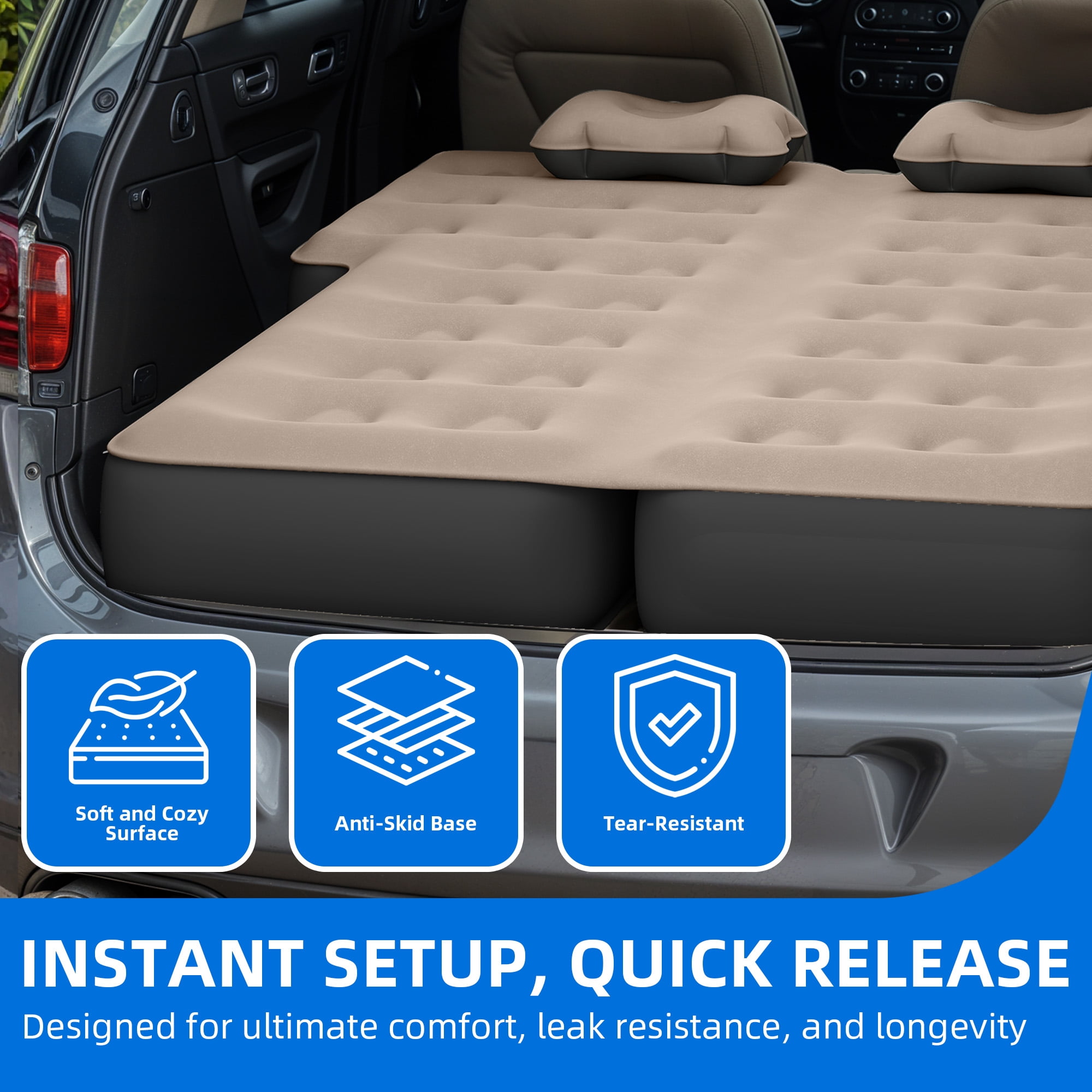 Dextrus Inflatable Car Air Mattress with Pump, Portable SUV Air Bed with Pillows for Camping, Home, Travel, Brown